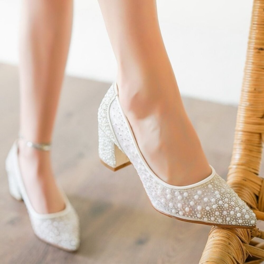 Wedding Bridal Shoes Pearl Transparent Block Heels